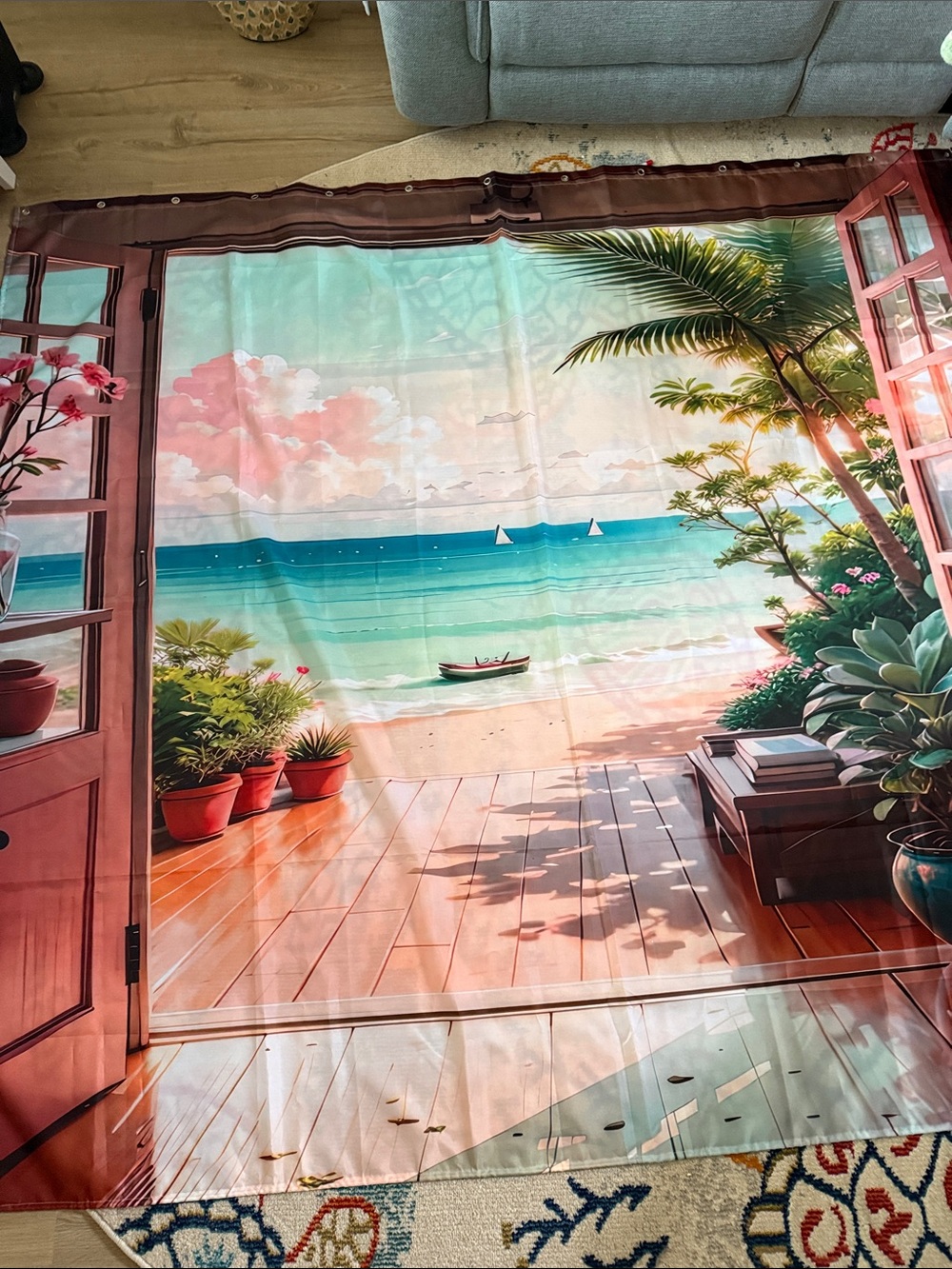 Tropical Beach Shower Curtain - Aqua and Coral